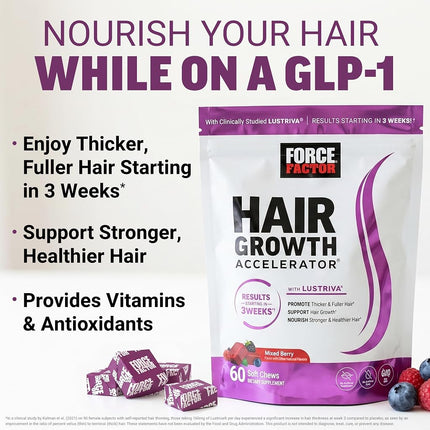 Force Factor Hair Growth Accelerator Soft Chews, Hair Growth Vitamins for Women with Clinically Proven Lustriva and Biotin to Promote Visibly Thicker, Fuller, Stronger Hair, Mixed Berry, 60 Soft Chews
