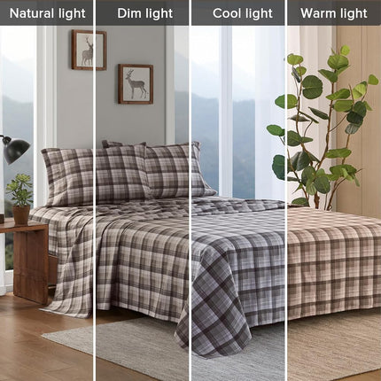 WOOLRICH Cotton Sheet Set Cottage Charms Print, 100% Cotton Flannel Sheets Warm & Fuzzy Bedding Set King Size Sheets, Fitted Pocket Fits Up to 14" Mattress, King Brown Plaid, 4 Piece