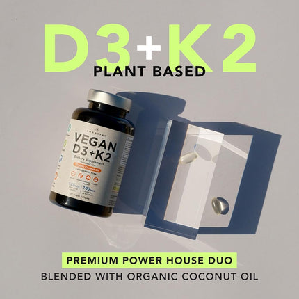 Premium Vegan D3 K2. 5000 iu Vitamin D from Algae. 100mcg All-Trans MK7 Vit K. 120 Plant-Based Carrageenan Free Softgels. Blended with Organic Coconut Oil. NO Lanolin, Gelatin, Lichen, or Soy. Non-GMO