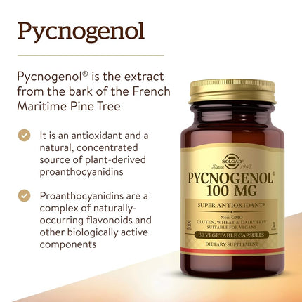 Solgar Pycnogenol 100mg - Derived from Pine Bark - Works Combined with Vitamins C & E - Vegan - 30 Vegetable Capsules, Brown