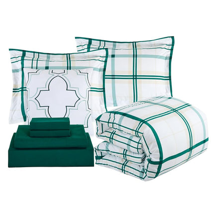 Elegant Comfort Silky Soft 8-Piece Plaid Lodge Bed-in-a-Bag Comforter Set, Includes 4pc Smart Sheet Set, Comforter, Decorative Pillow, Matching Pillowcases and Shams - Twin/Twin XL, Emerald Green