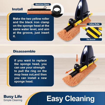 Yocada Fregona de esponja para uso comercial y doméstico, para limpieza de azulejos, baños, garajes, con 2 cabezales de esponja en total, escurridor y mango telescópico extensible largo de 42.5 a 52 pulgadas, fácil de escurrir y secar
