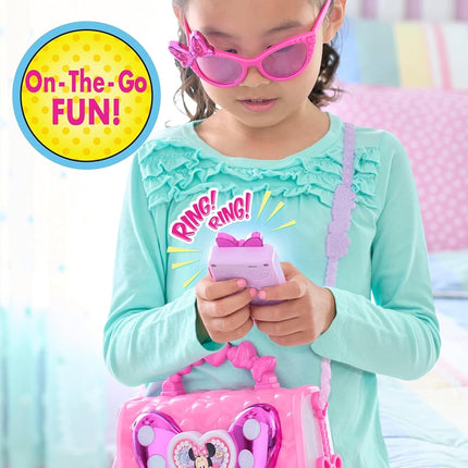 Just Play Disney Junior Minnie Mouse Bowfabulous Bag Set – 18 cm Play Purse with Lights & Sounds Cell Phone, Accessories, Sunglasses & Sticker Sheet for Kids 3 and Up