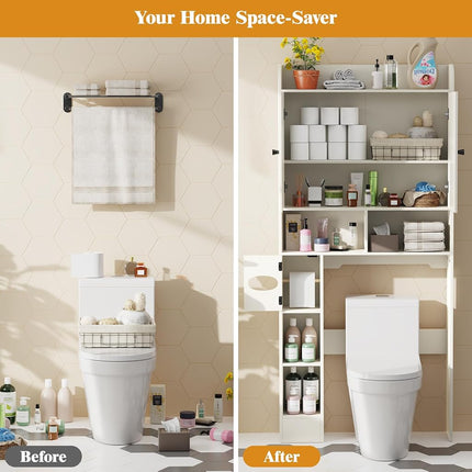 Vipbear Meuble de Rangement Autoportant en Bois au-Dessus des Toilettes avec 2 Portes Coulissantes, Porte-Papier Toilette, Dispositif Anti-Basculement et Étagère Réglable, Idéal pour Salle de Bain, Toilettes et Buanderie