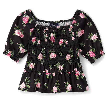 The Children's Place Girls' Long Sleeve Smocked Peplum Top, Black Floral, X-Small