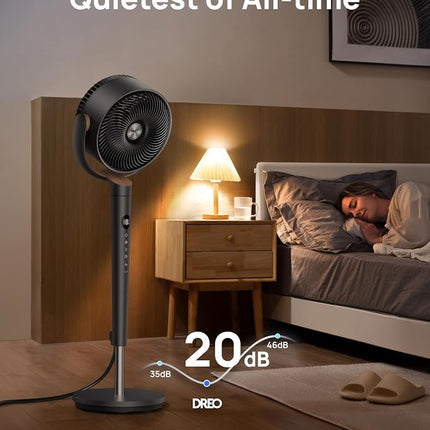 Dreo Fan for Bedroom, 120� Oscillating Standing Fans, Quiet Floor Fan with DC Motor, 100ft Pedestal Fans for Room, 9 Speeds, 4 modes, 20dB, 120� Manual Vertical, 37-42" Adjustable Height, 9H Timer