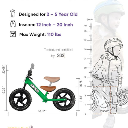 KRIDDO Toddler Balance Bike 2 Year Old, Age 18 Months to 5 Years Old, 12 Inch Push Bicycle with Customize Plate (3 Sets of Stickers Included), Gift Bike for 2-3 Boys Girls, Green