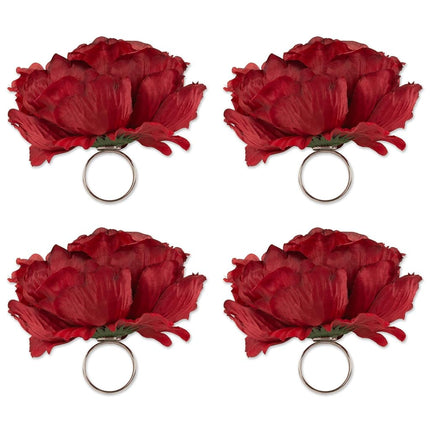 DII Beautiful Peony Flower Napkin Rings Deep Red, 