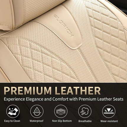 FLORICH Fundas de Asiento de Cuero, Juego Completo de Fundas de Asiento para Coche, Protectores de Asiento Impermeables para Automóvil, 5 Asientos, Funda de Asiento Universal Compatible con la Mayoría de Coches, SUV, Camionetas, Beige