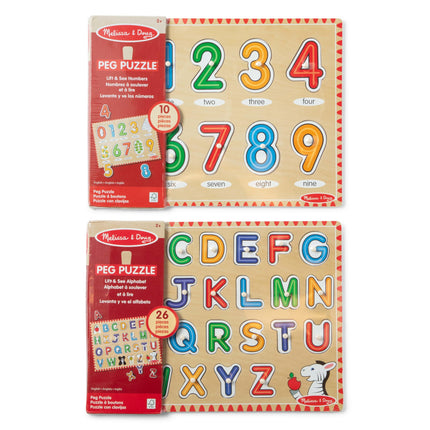 Melissa & Doug Rompecabezas de madera con pestañas de animales y números, paquete de 2 para niños y niñas – Alfabeto, Números