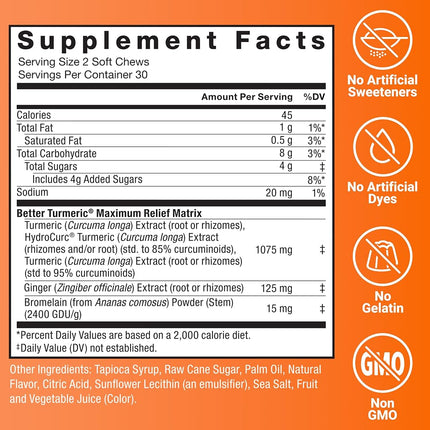 Force Factor Better Turmeric Maximum Joint Support, 1075mg Curcumin with Ginger to Support Mobility, Flexibility & Comfort, More Convenient Than Turmeric Gummies, Fruit Punch, 120 Soft Chews, 2-Pack