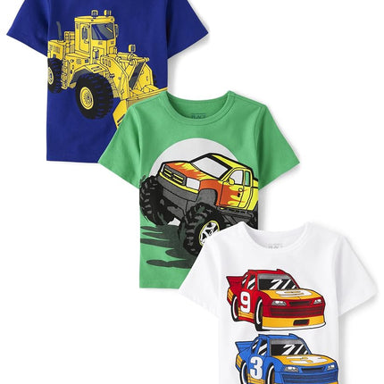The Children's Place Baby Boys' and Toddler 3-Pack Short Sleeve Graphic T-Shirt, Construction Vehicle/Moster Truck/Racecars, 12-18 Months