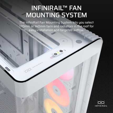 CORSAIR FRAME 4500X RS-R ARGB Panoramic Glass Mid-Tower PC Case – InfiniRail Mounting System, Fits Dual 360mm Radiators, GPU Anti-Sag, 3x RS120R Fans Included – White
