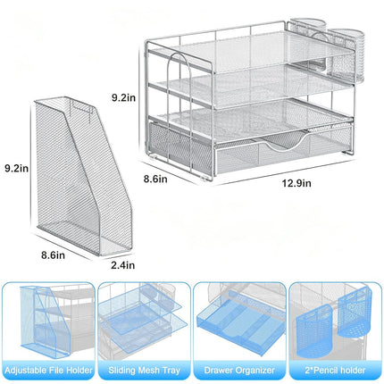 gianotter Paper Organizer with File Holder for Desk, 4 Tier Letter Tray Office Desk Organizers and Accessories - Workspace Organizers with Drawer and 2 Pen Holder for Office Supplies (Grey), 4T-2