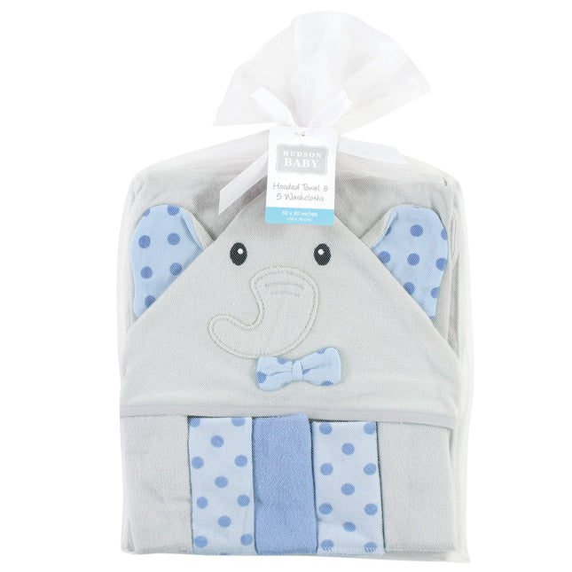 Hudson Baby Unisex Baby Hooded Towel and Five Washcloths, Blue Dots Gray Elephant, One Size