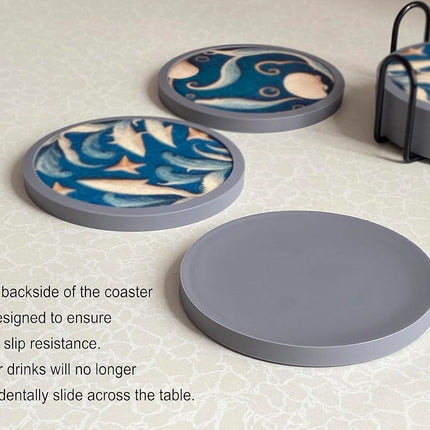 Absorbent Coasters for Drinks with Holder - 6packs, Silicone Coastes with Soft Felt Insert (4.3 inch Coasters with 4.5 inch Holder, Dual-Sided Ocean -Themed Patterns)
