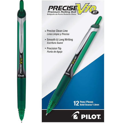 PILOT Precise V10 RT Refillable & Retractable Rolling Ball Pens, Bold Point, Green Ink, 12-Pack (13462)