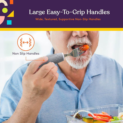 (Grey) - Adaptive Utensils (4-Piece Kitchen Set) Wide, Non-Weighted, Non-Slip Handles for Hand Tremors, Arthritis, Parkinson's or Elderly use Stainless Steel Knife, Fork, Spoons - Grey