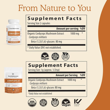 Cápsulas de Cordyceps Real Mushrooms - Suplemento de Rendimiento con Extracto de Hongo Cordyceps para Energía y Apoyo Inmunológico, Suplemento Vegano, No Transgénico, 120 Cápsulas