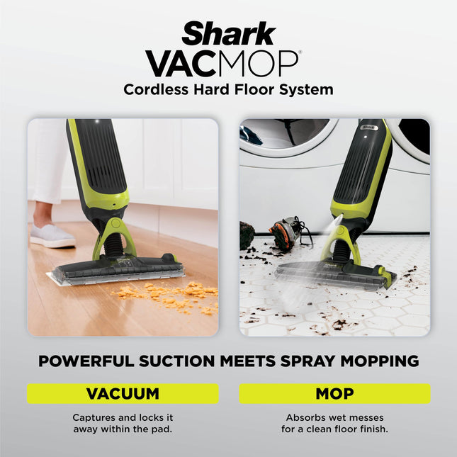 Shark VACMOP Aspirateur balai sans fil pour sols durs avec 2 recharges jetables et une solution VACMOP de 355 ml, gris anthracite, VM180