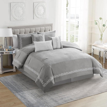 King Size Comforter Set 7-Piece Embroidered Faux Suede Bedding – Soft, Elegant & Complete Bedding Set with 1 Comforter, 2 Pillow Shams, 1 Bed Skirt, and 3 Decorative Throw Pillows, King, Gray