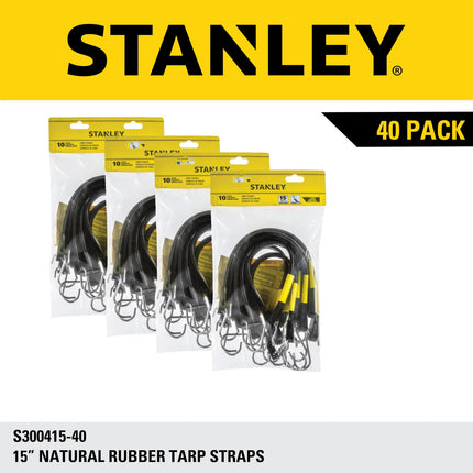 STANLEY S300415 Cuerdas elásticas de goma negras de 15" para todo tipo de clima con ganchos en S para asegurar lonas, remolques de plataforma y cubiertas de barcos, almacenamiento y carga, paquete de 40 unidades