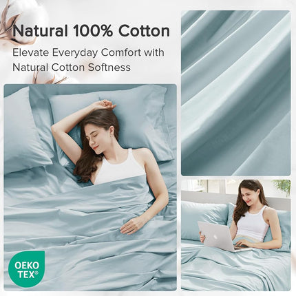 Comfort Spaces 100% Cotton Percale Sheets Twin Sheet Set 3 Pcs, Light Blue