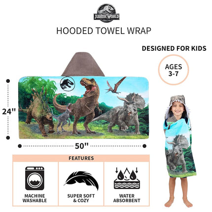Serviette de bain et de plage en éponge de coton doux avec capuche Franco pour enfants, 61 cm x 127 cm, Jurassic World