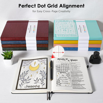 OFFIGIFT Dotted Journal Notebook, 312 Numbered Pages Large B5 Hardcover Leather Notebook, 100gsm No Bleed Paper Dot Grid Notebook with Index Pages, Dot Journal for Women Men, 7.6'' X 10'', Black