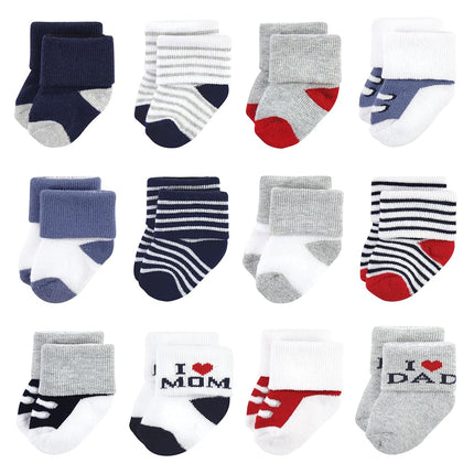 Hudson Baby Chaussettes riches en coton pour nouveau-nés et chaussettes en tissu éponge pour bébés filles, maman papa garçon marine rouge, 0-6 mois