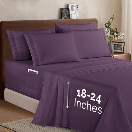 Elegant Comfort 1500 Premium Quality 4-Piece Bed Sheet Set - 18-24 Inch Extra Deep Pocket, Smart Storage Pockets, Wrinkle Free Ultra Soft 4PC Extra Deep Pocket Sheets, Twin/Twin XL, Purple