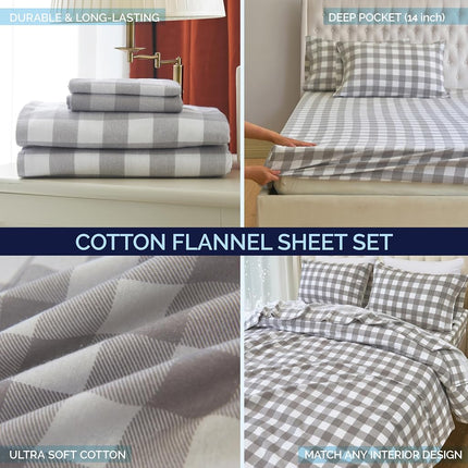 Elegant Comfort Soft 4-Piece 100% Turkish Cotton Flannel Sheet Set - Premium Quality, Deep Pocket Fitted Sheet, Ultra Soft, Cozy Warm and Anti-Pill Flannel Sheets - Twin XL, Buffalo Check Gray