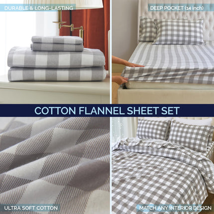 Elegant Comfort Soft 4-Piece 100% Turkish Cotton Flannel Sheet Set - Premium Quality, Deep Pocket Fitted Sheet, Ultra Soft, Cozy Warm and Anti-Pill Flannel Sheets - Twin XL, Buffalo Check Gray