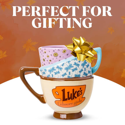 Silver Buffalo Gilmore Girls Stars Hollow Destination Locations: Luke’s Diner, Doose’s Market, and Dragonfly Inn Ceramic 3D Sculpted Stacked Teacup Mug, 20 Ounces