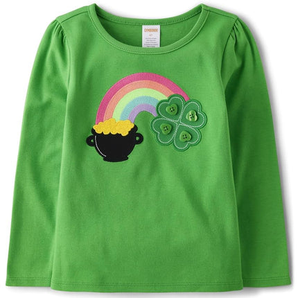 Gymboree Girls' and Toddler Embroidered Graphic Long Sleeve T-Shirts, St. Patrick's Day Shamrock, 4T