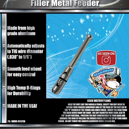 Blue Demon DAB PEN TIG Filler Feeder, Feeds TIG welding rods .030” - 1/8”, High Grade Aluminum Construction