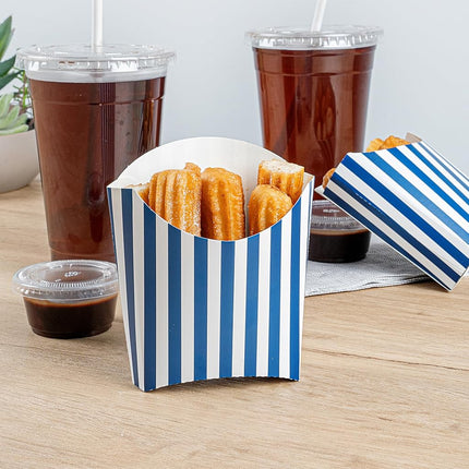 Restaurantware-Bio Tek 4.5 x 3.2 x 3.9 Inch French Fry Cup, 100 Disposable Snack Cups - Stackable, Sustainable, Blue and White Paper 3 Ounce Fry Holder, for Fries, Onion Rings, Popcorn, or Cookies