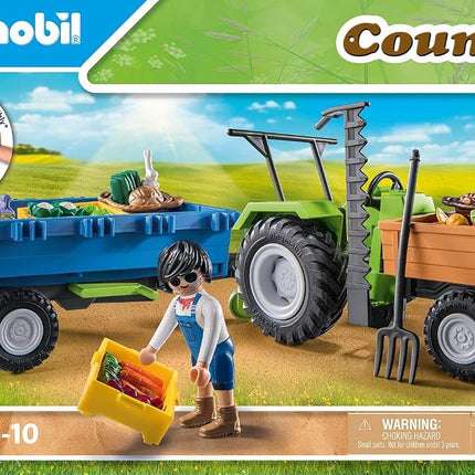 Playmobil Country 71249 Harvester Tractor with Trailer incl. transport boxes, Green tractor for the organic farm, Sustainable toy for children ages 4+