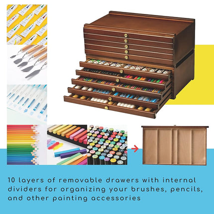 MEEDEN 10-Drawer Art Supply Storage Box - Large Capacity Multi-Function Beech-Wood Pencil Box with Drawer & Compartments for Organizing Pastels, Pencils, Pens, Markers, Brushes & Stamp, Walnut