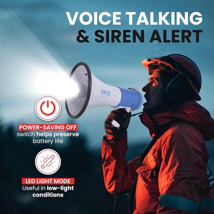 Pyle Portable Compact PA Megaphone Speaker w/LED Flashlight, Alarm Siren, Adjustable Volume, 50W Handheld Lightweight Bullhorn w/Detachable Mic, Battery Powered, for Indoor Outdoor Use (PMP51LT)