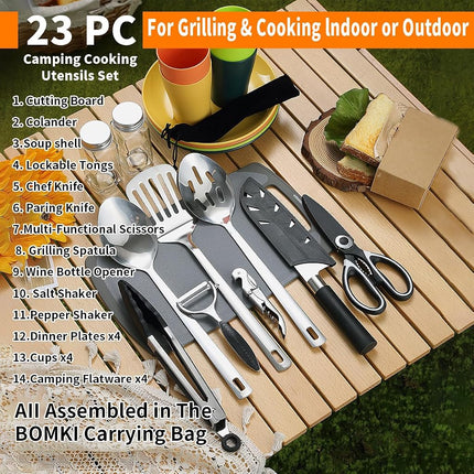 Berglander Portable Camping Cookware Set 23 Pieces Cookware Kit, Portable Outdoor Cooking and BBQ Ware for Travel, Picnics, Camping, BBQ, Party, and Other Outdoor Activities.