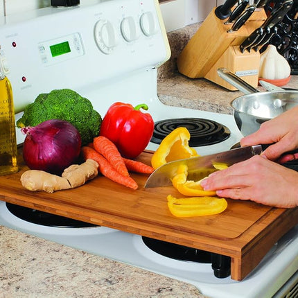 Camco Bamboo Stove Top Work Surface with Adjustable Legs & Built in Juice Groove - Covers Stove Top to Create Additional Kitchen Workspace - 2 Burner (43547)