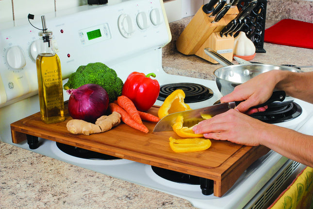 Camco Bamboo Stove Top Work Surface with Adjustable Legs & Built in Juice Groove - Covers Stove Top to Create Additional Kitchen Workspace - 2 Burner (43547)
