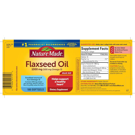 Nature Made Flaxseed Oil 1000mg, 180 Softgels (Pack of 3)