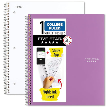Cuadernos de espiral Five Star + aplicación de estudio, paquete de 2, 1 materia, papel con rayas universitarias, 200 hojas, 27,94 cm x 21,59 cm, blanco, morado amatista (820186-ECM)