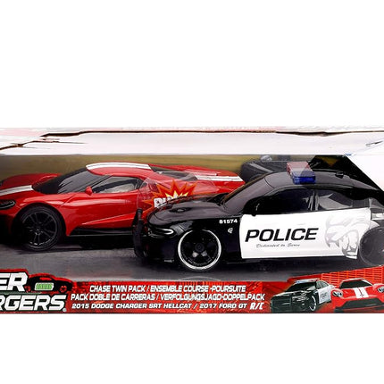 Jada Toys Hyperchargers Heat Chase Radio Control Vehicle - Twin Pack with USB Charging (2Piece), 1: 16 Scale, 2015 Dodge Charger SRT Hellcat & 2017 Ford Gt