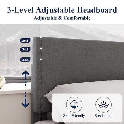 Allewie Full Size Bed Frame with Adjustable Headboard, Upholstered Platform Bed with Wood Slats, Heavy Duty Mattress Foundation, No Box Spring Needed, Noise-Free, Easy Assembly, Beige