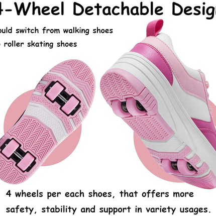 ANEFUN Roller Skate Shoes for Kids Girls Boys Detachable Wheeled Fashion Sneakers Pink White