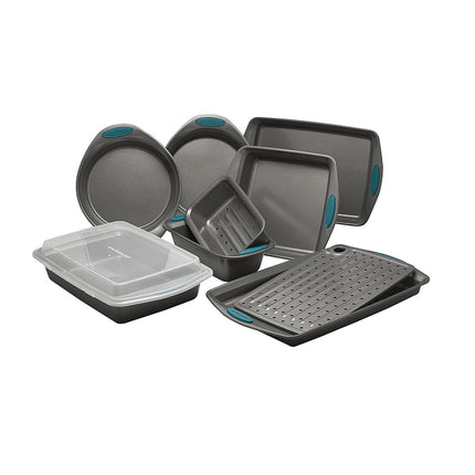 Batterie de cuisson antiadhésive Rachael Ray avec poignées comprenant des moules à pain/cuisson antiadhésifs, une plaque à biscuits/cuisson et des moules à gâteau - 10 pièces, gris avec poignées bleu marine