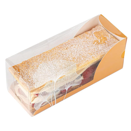Restaurantware-7 Inch x 2.5 Inch Clear Dessert Boxes, 100 Orange Paper Sleeve Transparent Candy Boxes - Leaf Accent, No Grease Lining, Clear Plastic Clear Favor Boxes, Crack Resistant, Disposable